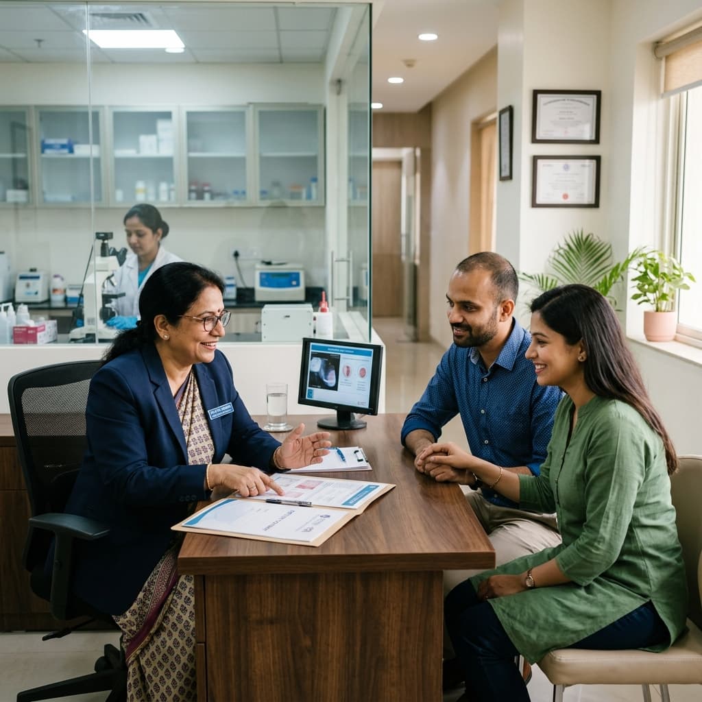 Couple discussing fertility care with a doctor